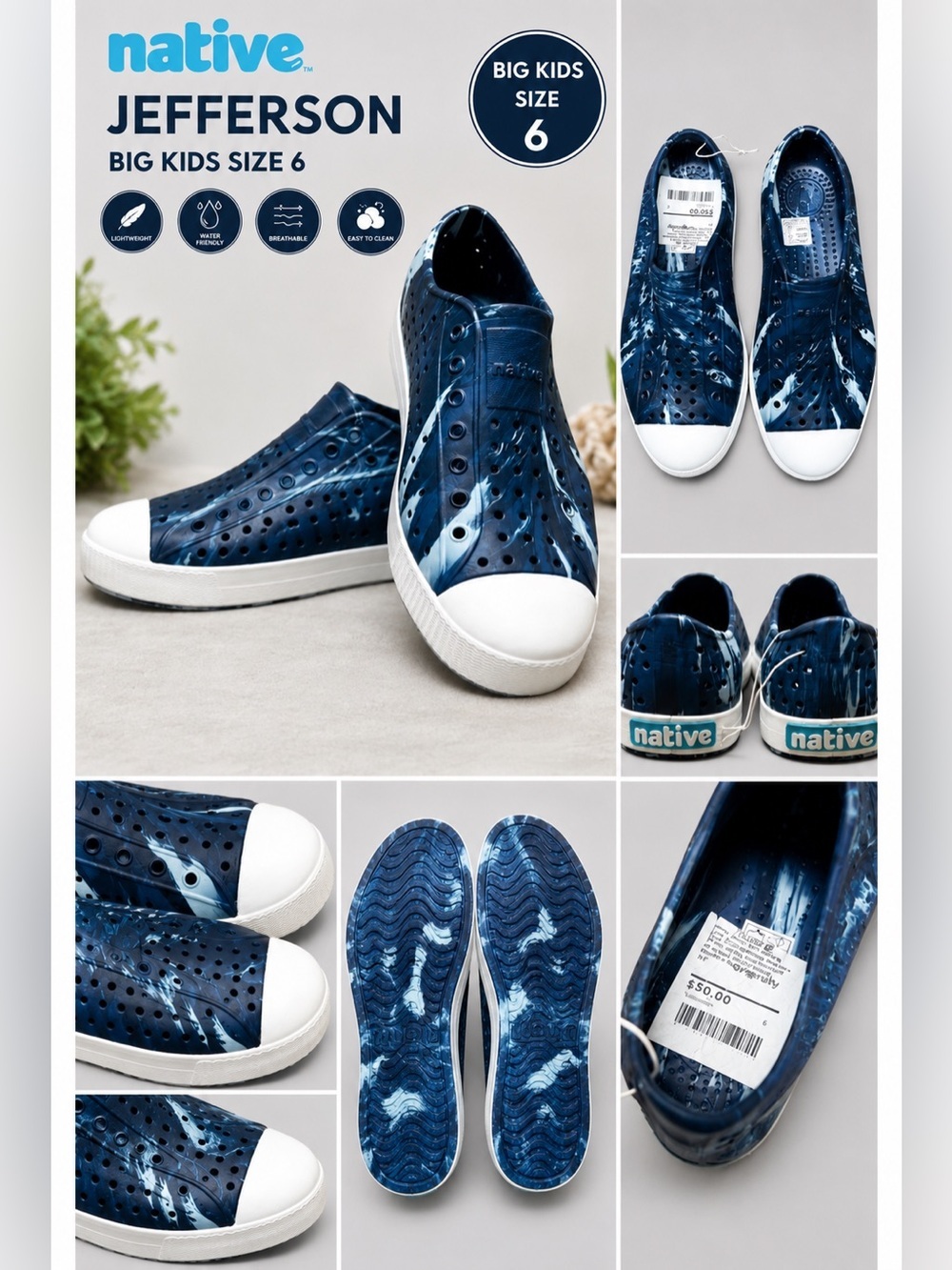 Native Youth/Big Kids Jefferson Marbled Blue White Slip On Shoes Size 6 NEW